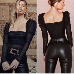 House of CB Black Sheer Ruched Square Neck Bodysuit